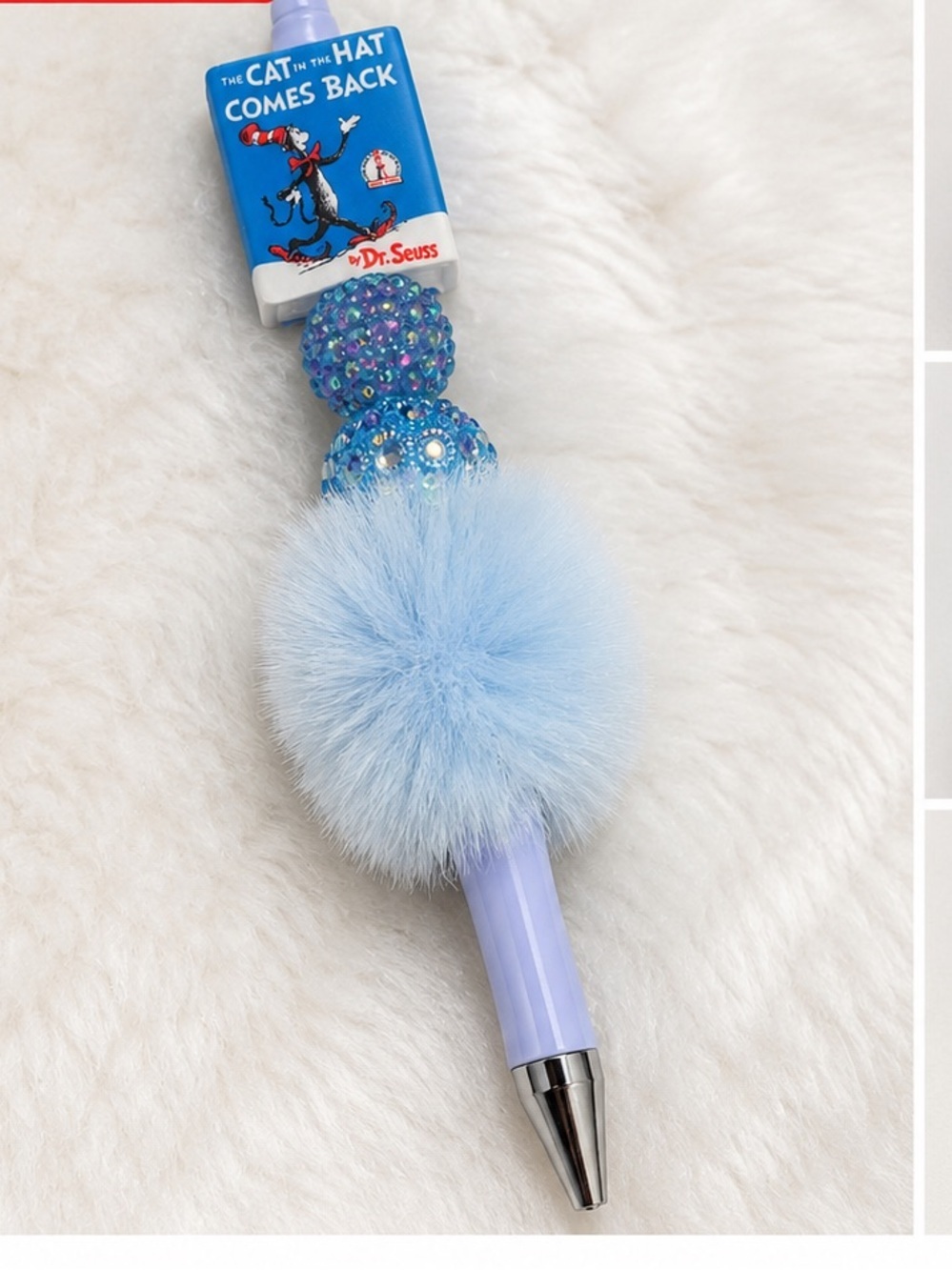Dr. Seuss Light Blue Fluffy Pom Pom Pen with Sparkle Beads